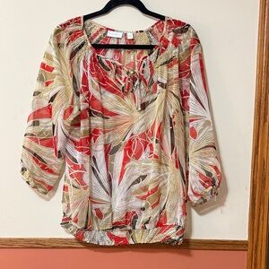 EUC - New York & Company Sheer Red and Tan Patterned Sheer Blouse